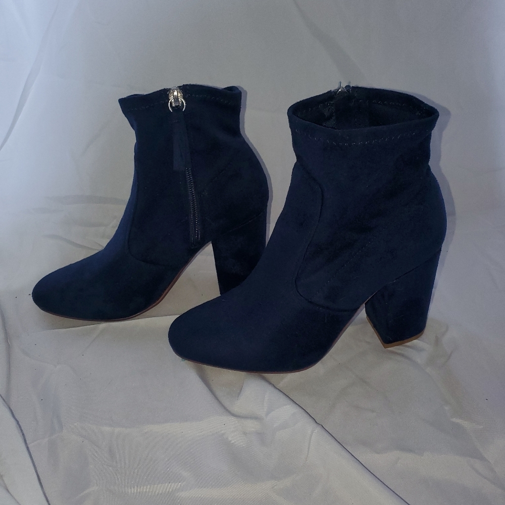 Shoe Dazzle-Gabrielle Navy Blue Faux Sueded Heel Boots